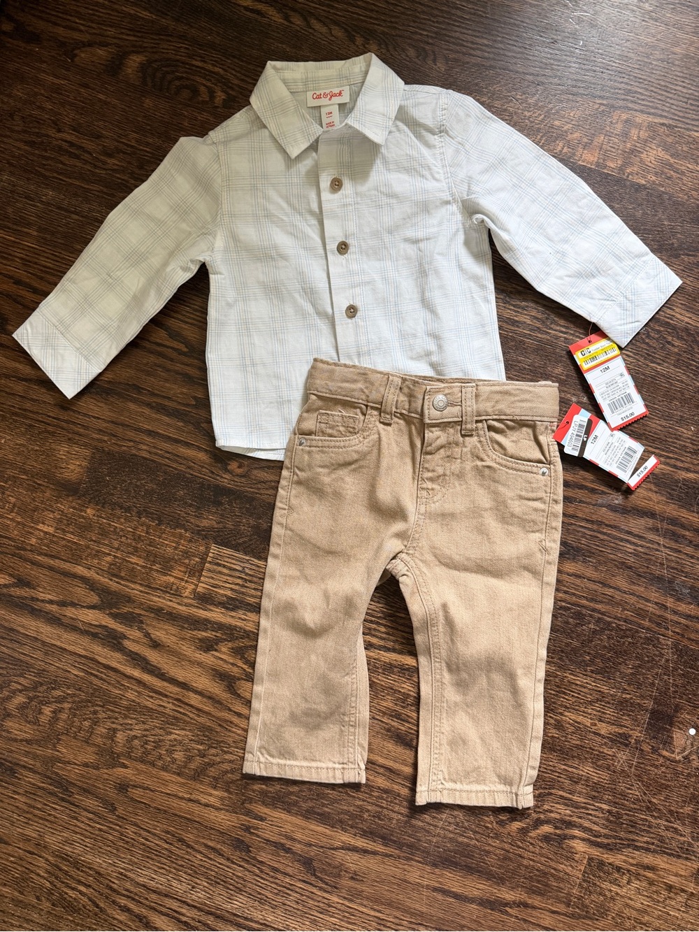 Cat & Jack Boys Khaki Jeans with White Plaid Button-Down Shirt Bundle 12M